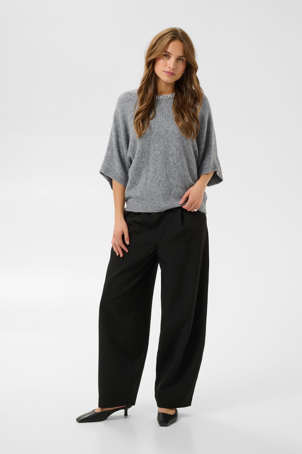 Kaffe Tricot manches 3/4 gris mélangé avec col rond perlé 10512430