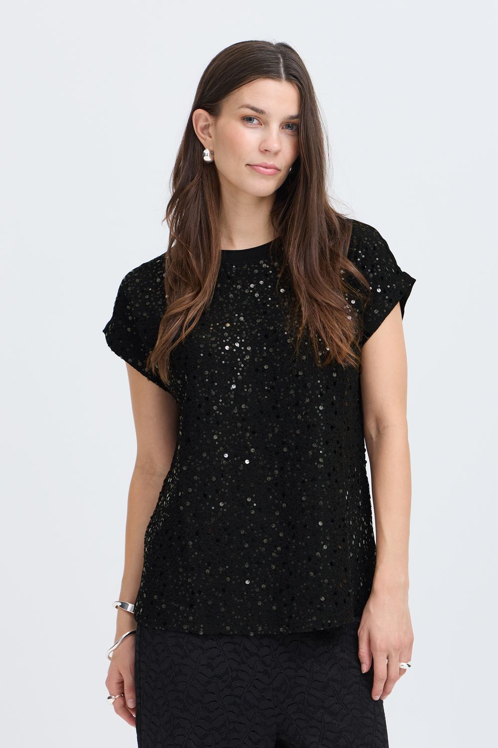 Fransa T-shirt noir avec paillettes brillantes à l'avant et col rond 20618466
