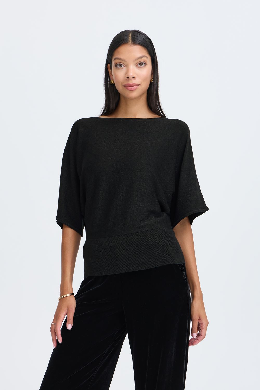 B.Young T-shirt noir avec lurex manches courtes amples et resserré au bas avec col bateau 20819750