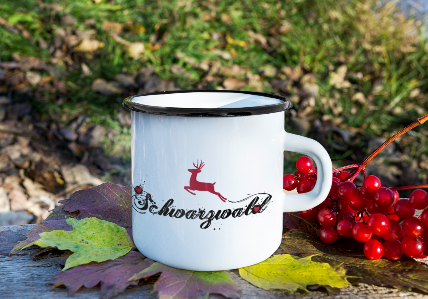 Emaille Becher Schwarzwald Hirsch Rot