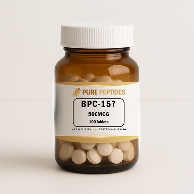 BPC-157 500mcg tablets – peptide research pills in white bottle, 100-count