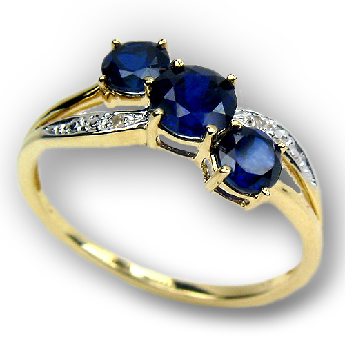 3 Stone Blue Sapphire and Diamond 10K Yellow Gold Ring $56.99 Save 75%!