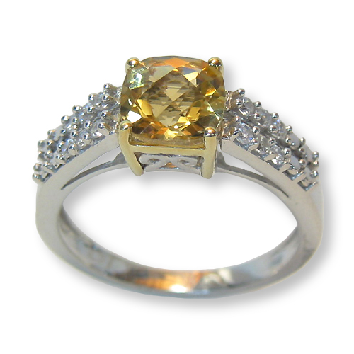 Checkerboard Cut Citrine Ring Sterling Silver and 10k Gold