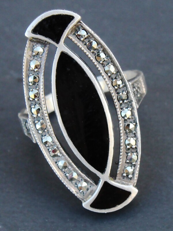 Marcasite  and Onyx Sterling Ring
