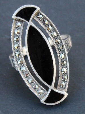 Marcasite and Onyx Sterling Ring
