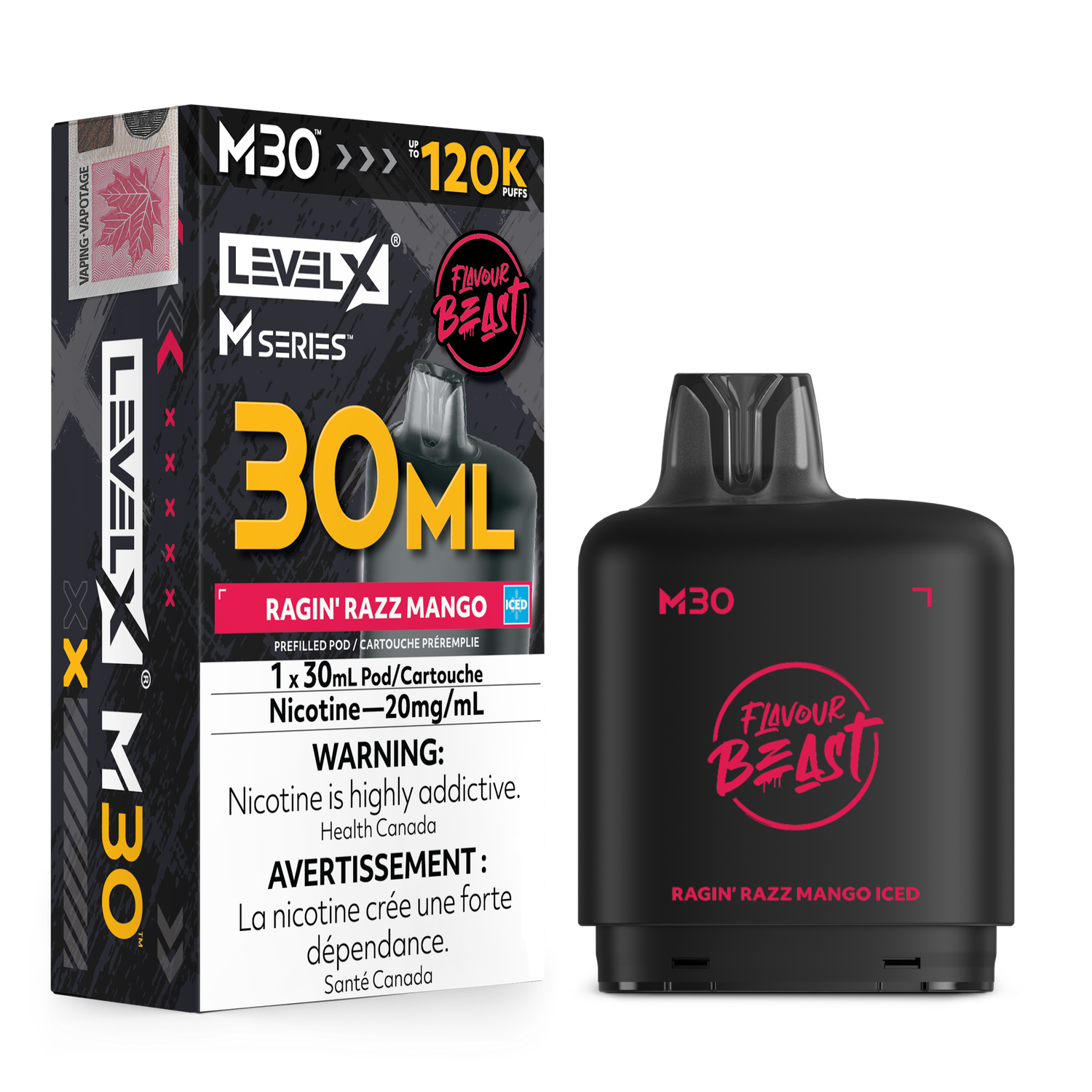 Flavour Beast Level X M Series Pod 30ML 120K - Ragin' Razz Mango Iced Flavour Beast Level X M Series Pod 30ML 120K - Ragin' Razz Mango Iced