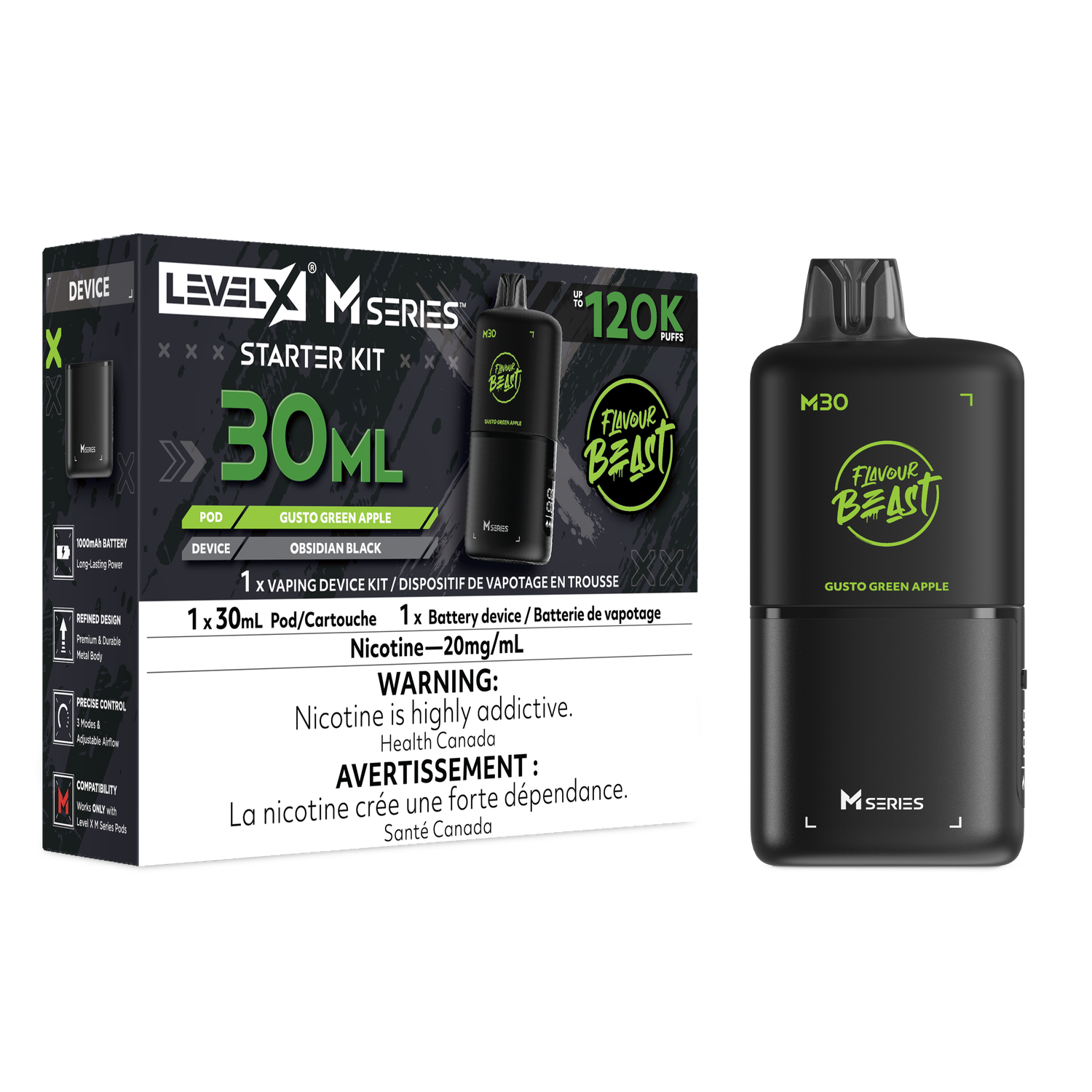 Flavour Beast Level X M Series Starter Kit 30ML 120K - Gusto Green Apple Flavour Beast Level X M Series Starter Kit 30ML 120K - Gusto Green Apple