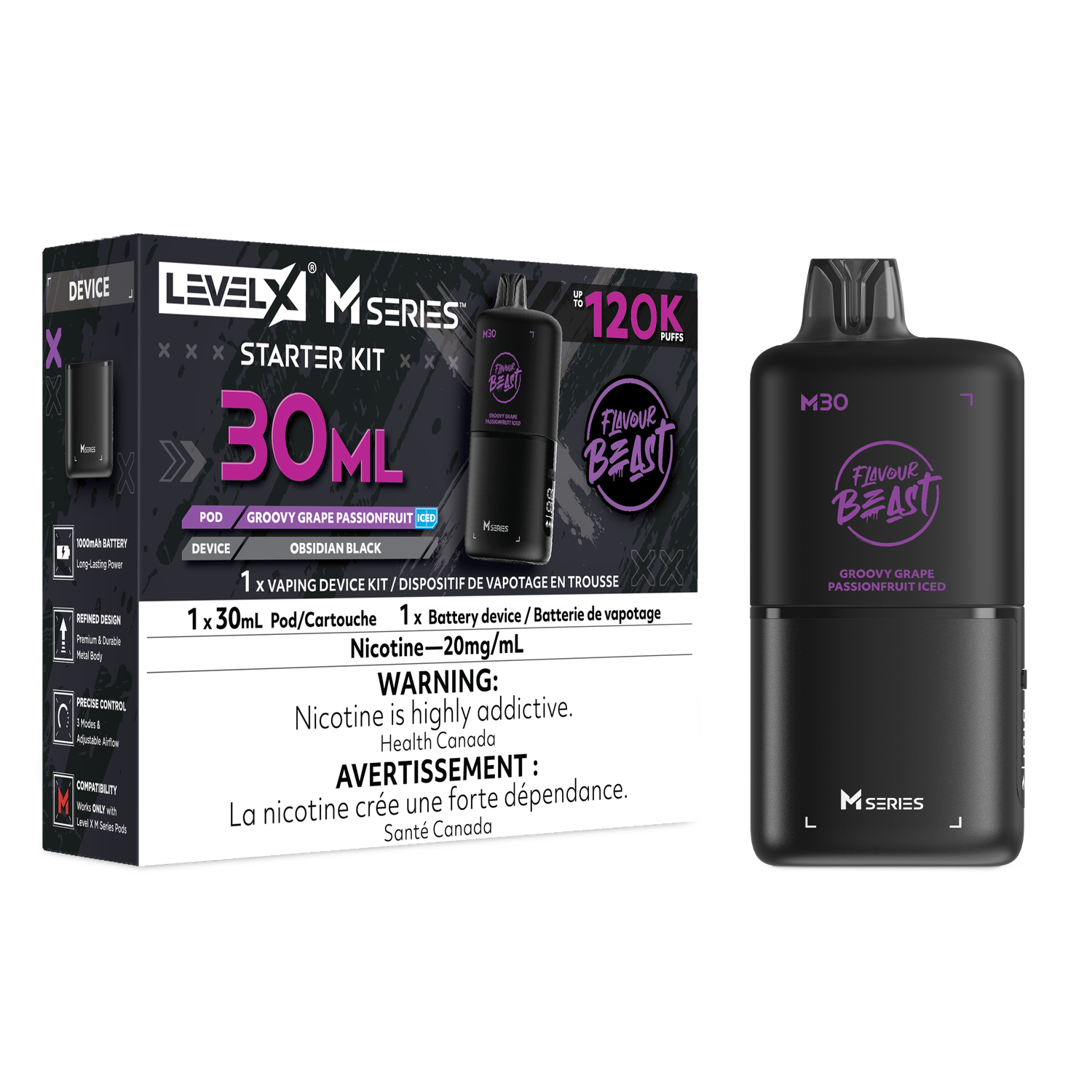 Flavour Beast Level X M Series Starter Kit 30ML 120K - Groovy Grape Passionfruit Iced Flavour Beast Level X M Series Starter Kit 30ML 120K - Groovy Grape Passionfruit Iced