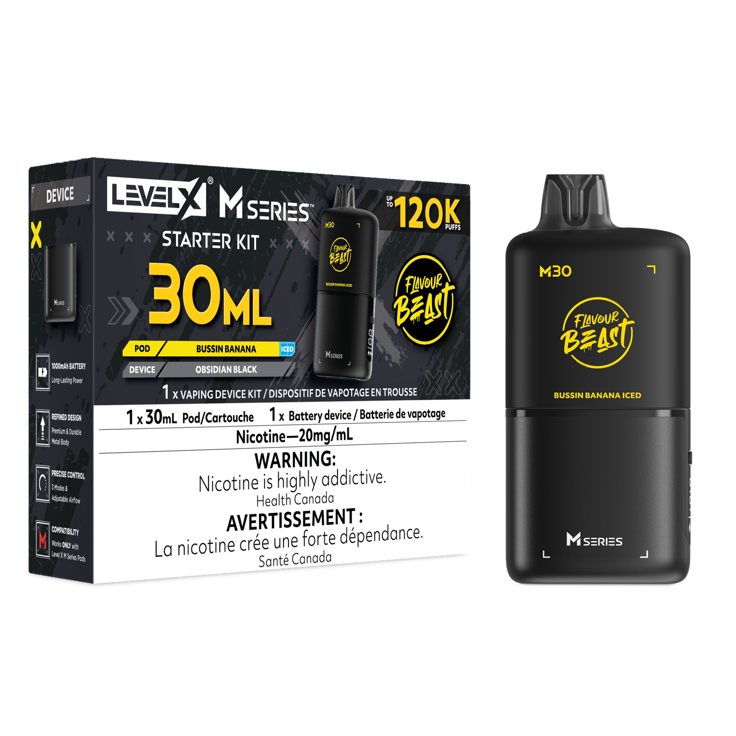 Flavour Beast Level X M Series Starter Kit 30ML 120K - Bussin Banana Iced Flavour Beast Level X M Series Starter Kit 30ML 120K - Bussin Banana Iced