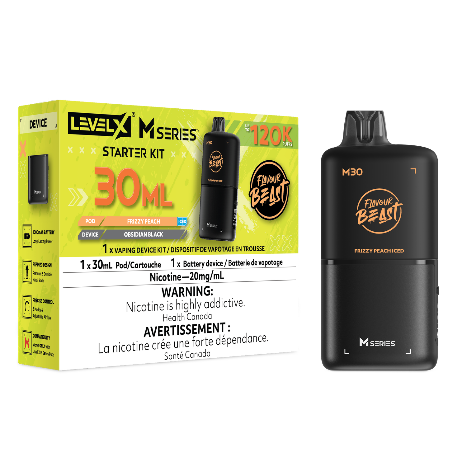 Flavour Beast Level X M Series Starter Kit 30ML 120K - Frizzy Peach Iced Flavour Beast Level X M Series Starter Kit 30ML 120K - Frizzy Peach Iced