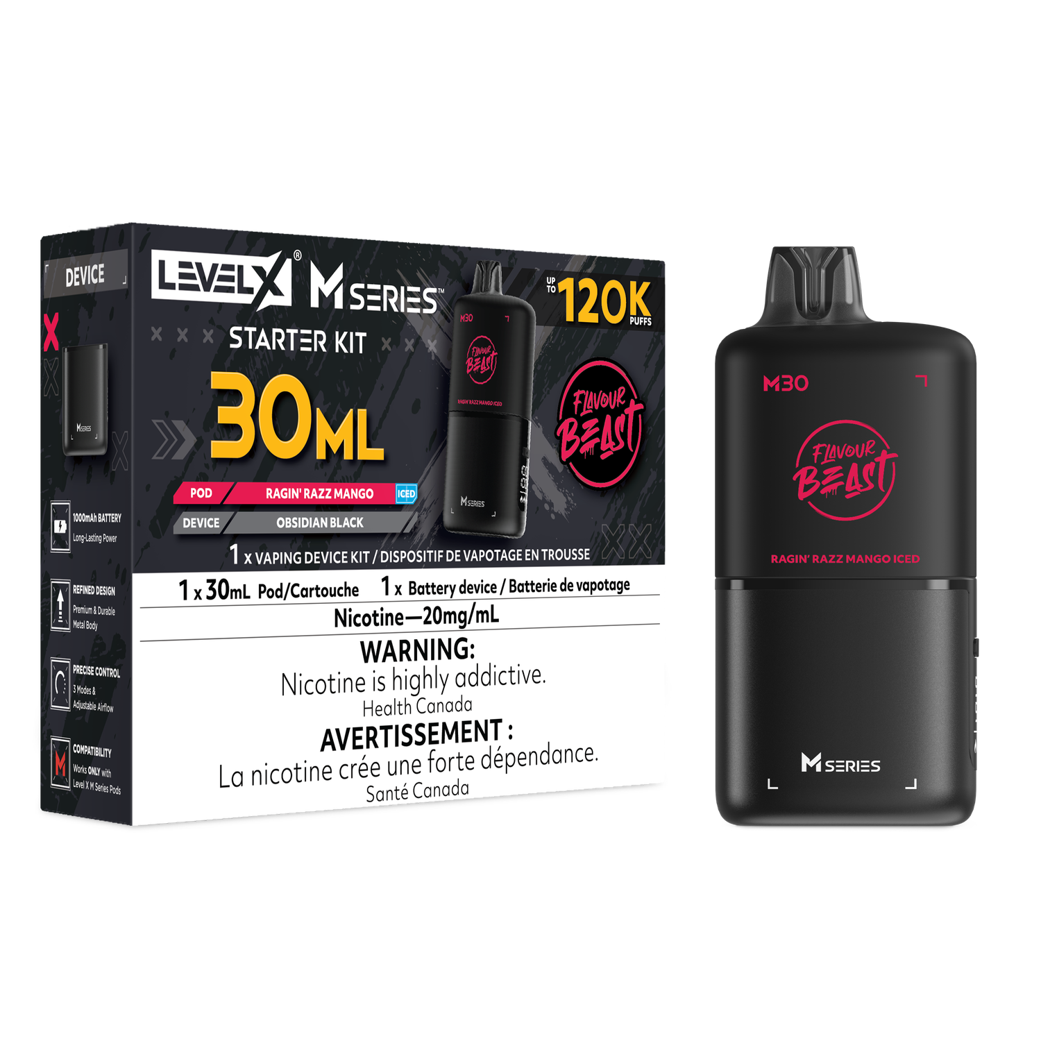 Flavour Beast Level X M Series Starter Kit 30ML 120K - Ragin' Razz Mango Iced Flavour Beast Level X M Series Starter Kit 30ML 120K - Ragin' Razz Mango Iced