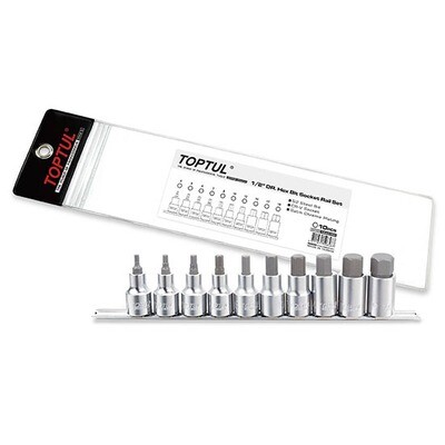 10PCS 1/2" Dr. Hex Bit Socket  BCDA Series  Rail Set Stamping/Satin Chrome/Zipper Pouch