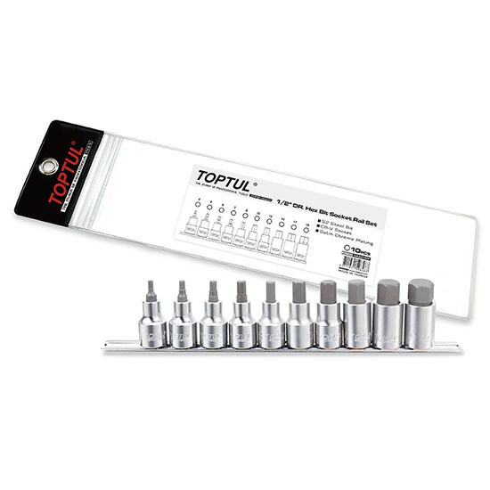 10PCS 1/2" Dr. Hex Bit Socket  BCDA Series  Rail Set Stamping/Satin Chrome/Zipper Pouch