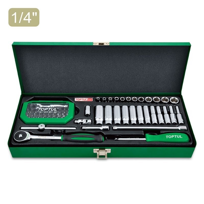 66PCS 1/4" DR. 6PT Flank Socket Set  Satin chrome / Metal Box