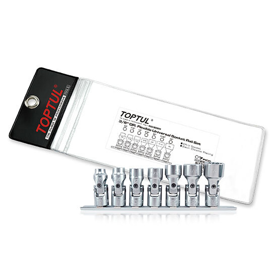 7PCS  3/8” DR. 12PT Flexible Universal Sockets  BBAL Series Stamping/Satin Chrome/Zipper Pouch