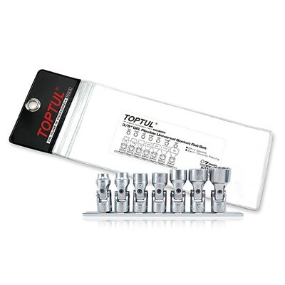 7PCS  3/8” DR. 12PT Flexible Universal Sockets  BBAL Series Stamping/Satin Chrome/Zipper Pouch