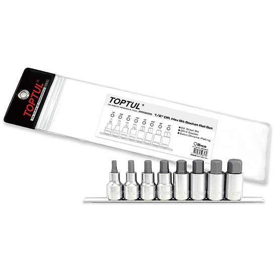 8PCS 1/2" Dr. Hex Bit Socket Rail Set  BDDA Series Stamping/Satin Chrome/Zipper Pouch