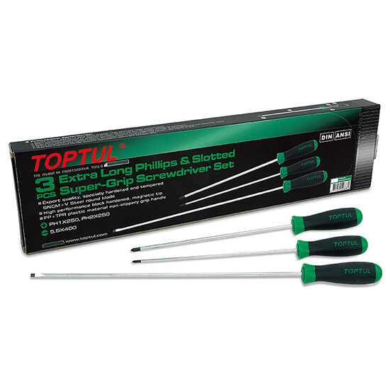 3PCS Extra Long Phillips & Slotted Super-Grip Screwdriver Set