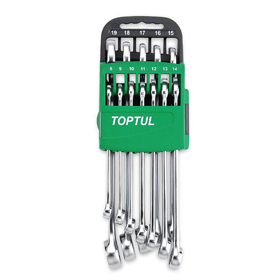 14PCS 15° Offset Hi-Performance Combination Wrench Set  AAEX Series Satin Chrome / Storage Rack