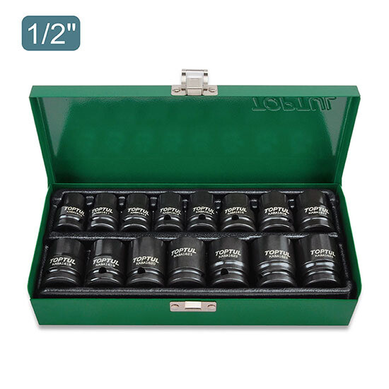 15PCS 1/2"DR. 6PT Flank Impact Metric Socket Set KABA Series Black Phosphate/ Metal Box