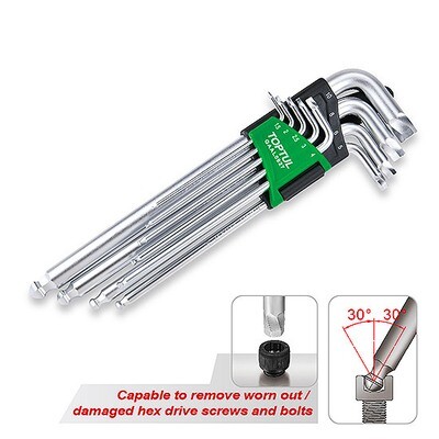 9PCS Extra Long Type Ball  Point Hex Key Wrench Set(Extractor) AGME Series Satin Chrome/ Printing/ Holder