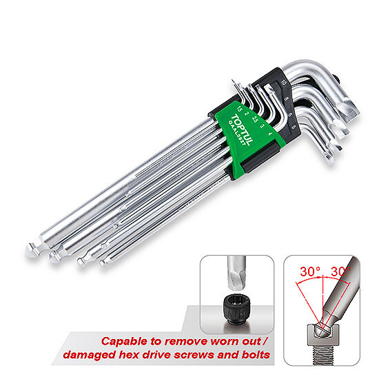 9PCS Extra Long Type Ball  Point Hex Key Wrench Set(Extractor) AGME Series Satin Chrome/ Printing/ Holder