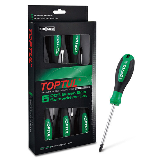 5PCS Slotted  & Phillips Super-Grip Screwdriver Set  Satin