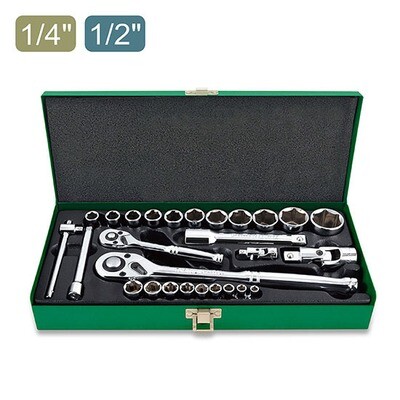 27PCS 1/4"&1/2"DR. 6PT mm Socket Set Mirror/Metal Box