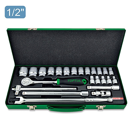 24PCS 1/2"DR. 6PT Metric Socket Set  Satin Chrome/ Stamping/Metal Box