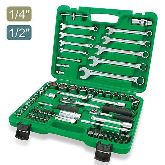 82PCS Professional Grade 1/4" & 1/2" Dr. Flank Socket & Wrench Set (6PT) Satin Chrome/Stamping/ Blow Case