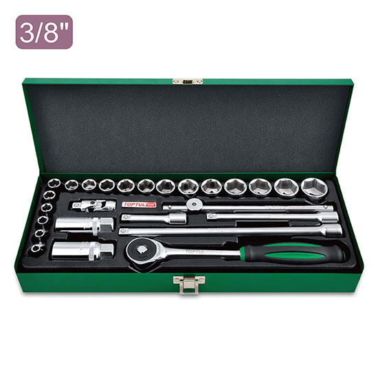 26PCS 3/8" DR. 6PT Flank Metric Socket Set  Satin chrome/ Metal Box