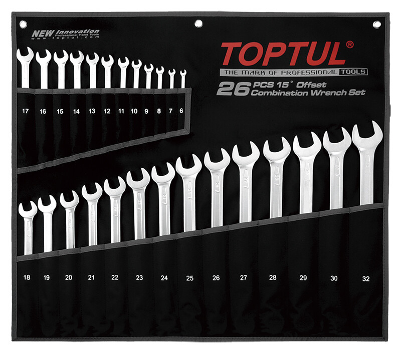 26PCS Long Comb. Wrench Set AAEA Series Satin Chrome/ Stamping/ Pouch Bag + Color Box