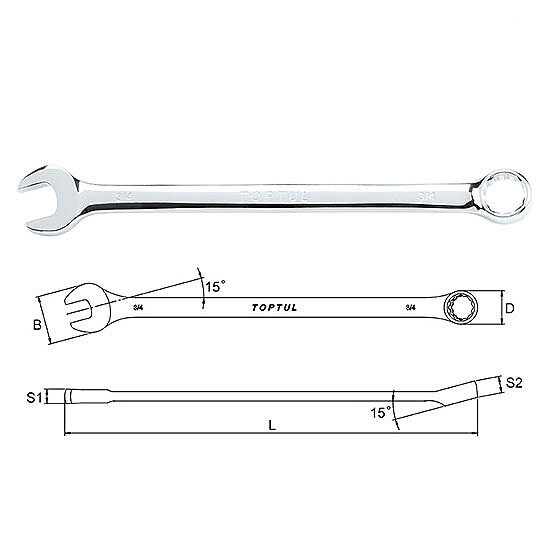 Extra Long Combination Wrench 15° Offset - SAE, Size: 3/8"