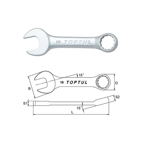 Midget Combination Wrench 15° Offset, Size: 7mm