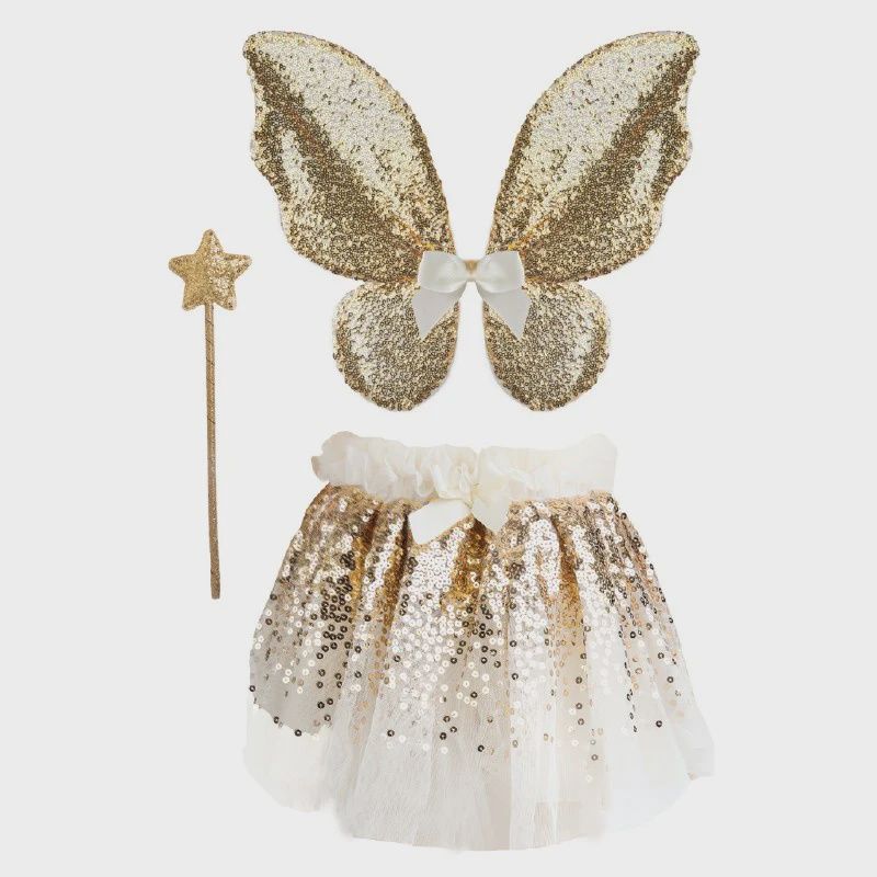 Ensemble Jupe , Ailes et Baguette à paillettes d&#39;or