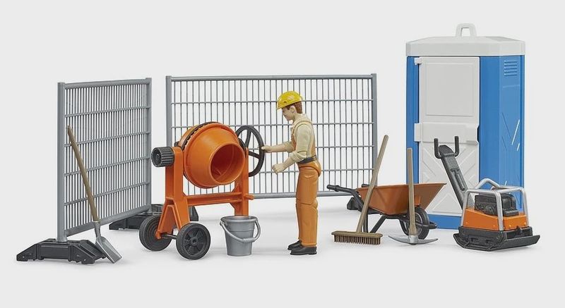 Ensemble de construction : toilette chimique, mixeur, brouette
