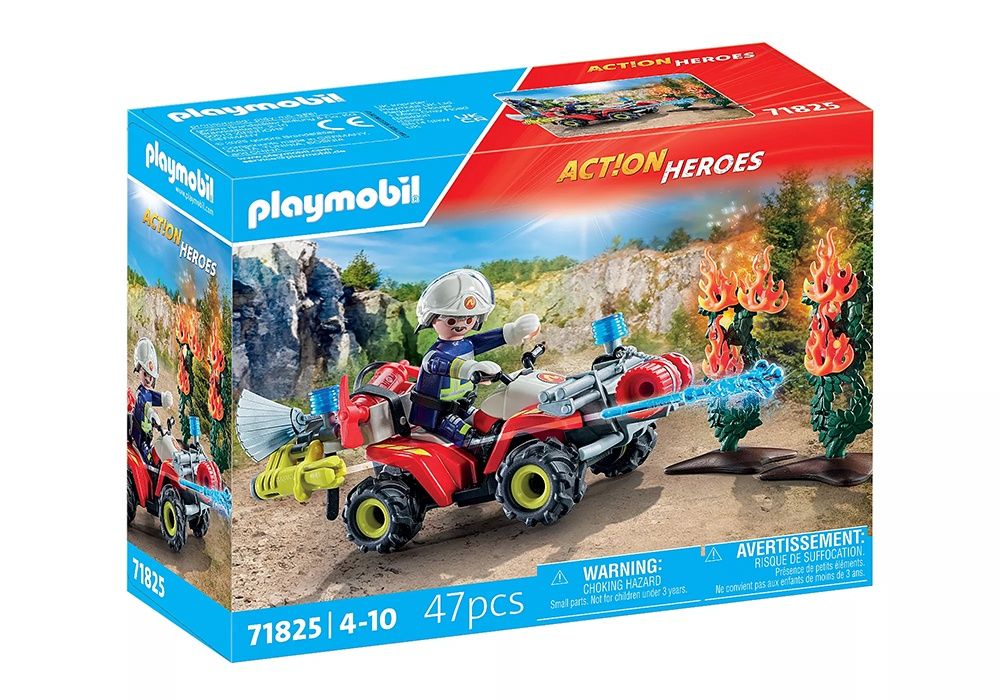 Pompier avec quad et arbustes enflammés