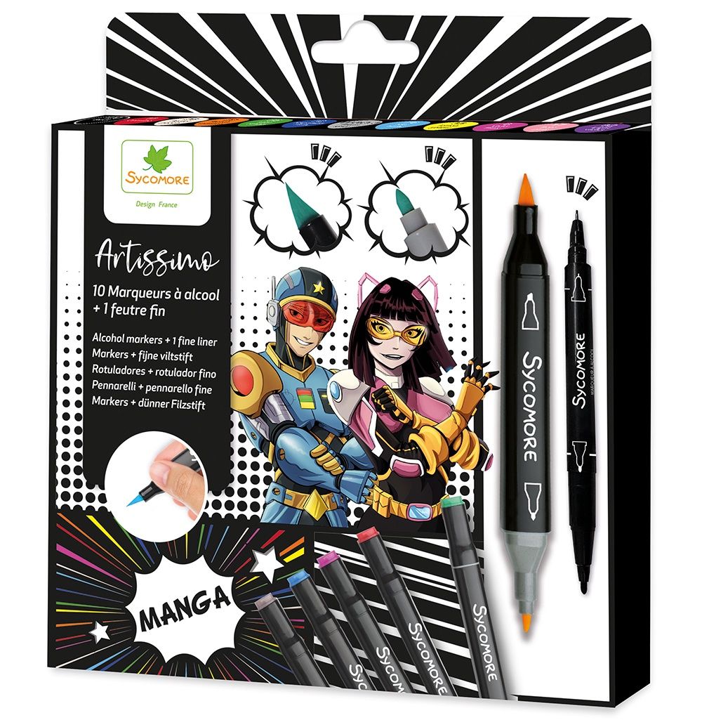 Artissimo - 10 marqueurs double pointes à alcool Manga + 1 feutre fin