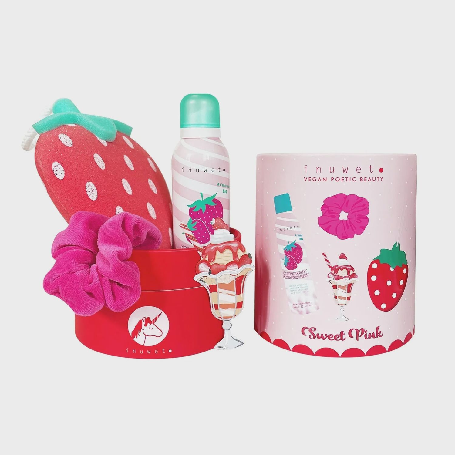 Coffret mousse de douche et accessoires / Fraises