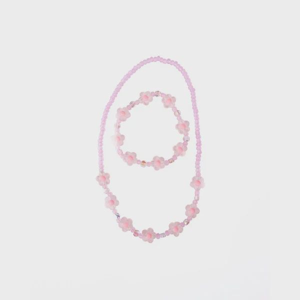 Ensemble collier et bracelet fleur de cristal rose