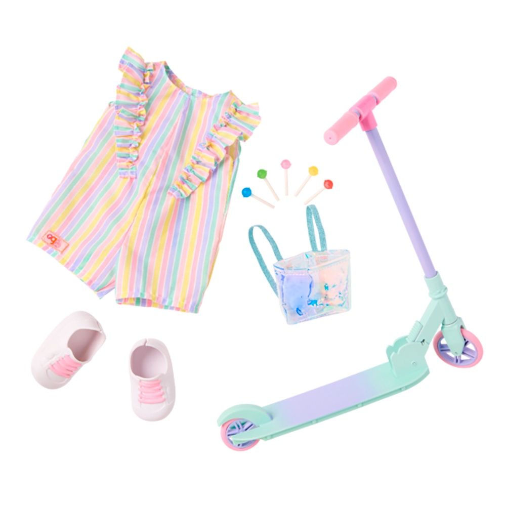 Vêtement OG de luxe - "Ride the Rainbow" - Trottinette avec grenouillère Lollypop pour poupée de 46