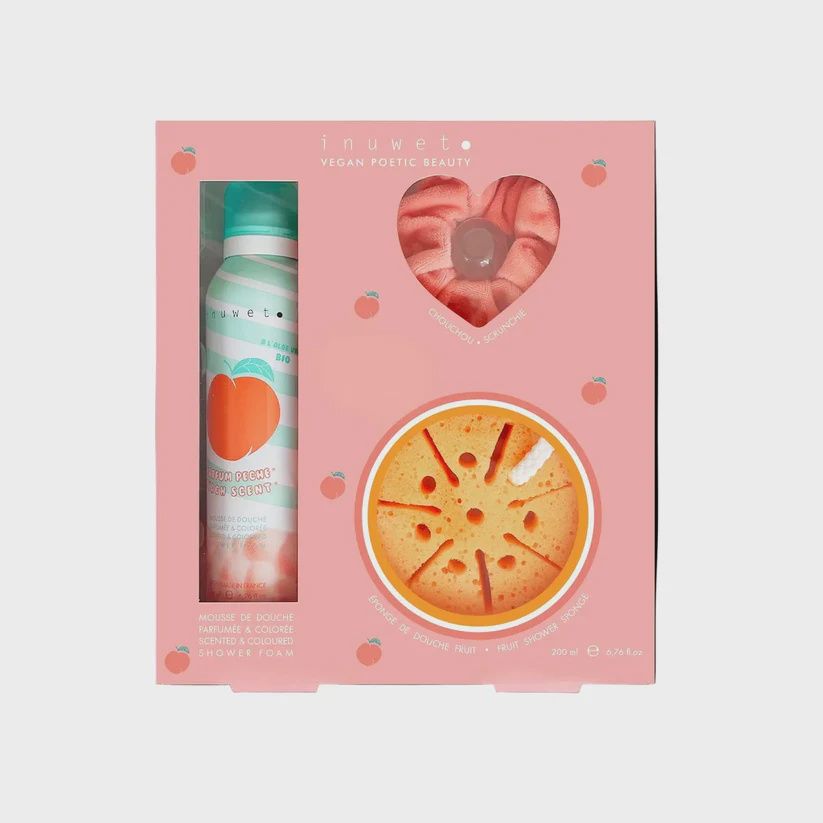 Coffret mousse de douche et accessoires / Pêche