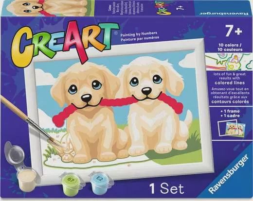 CreArt, Peinture par numéros pour enfants - Contours colorés - Chiots qui jouent