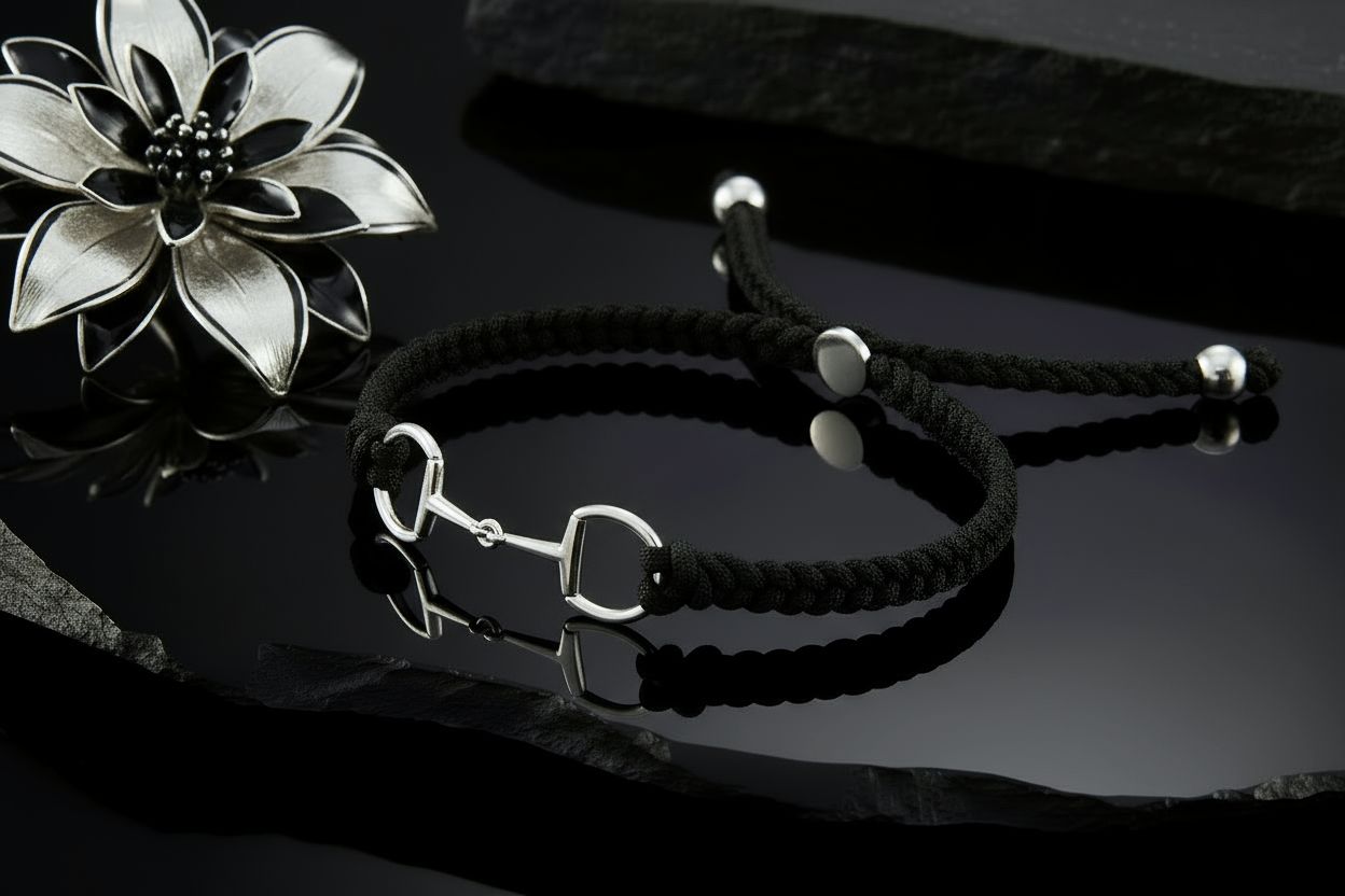 Sterling Silver And Black Woven Friendship Snaffle Bracelet