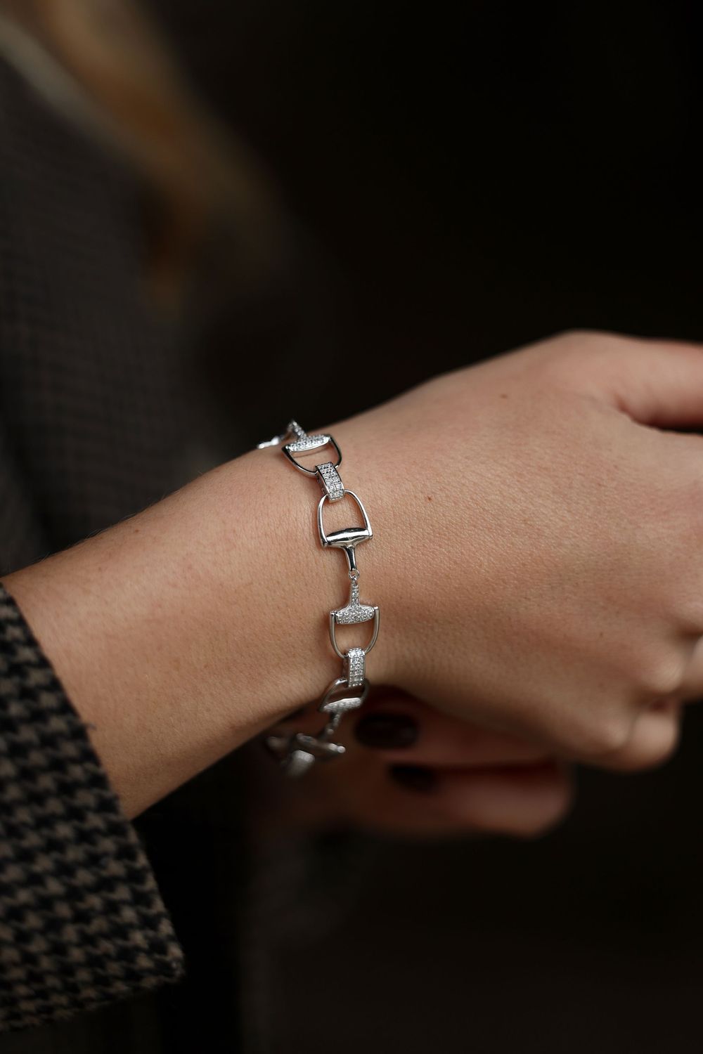 Sterling Silver And Zicron Linked Snaffle Bit Bracelet