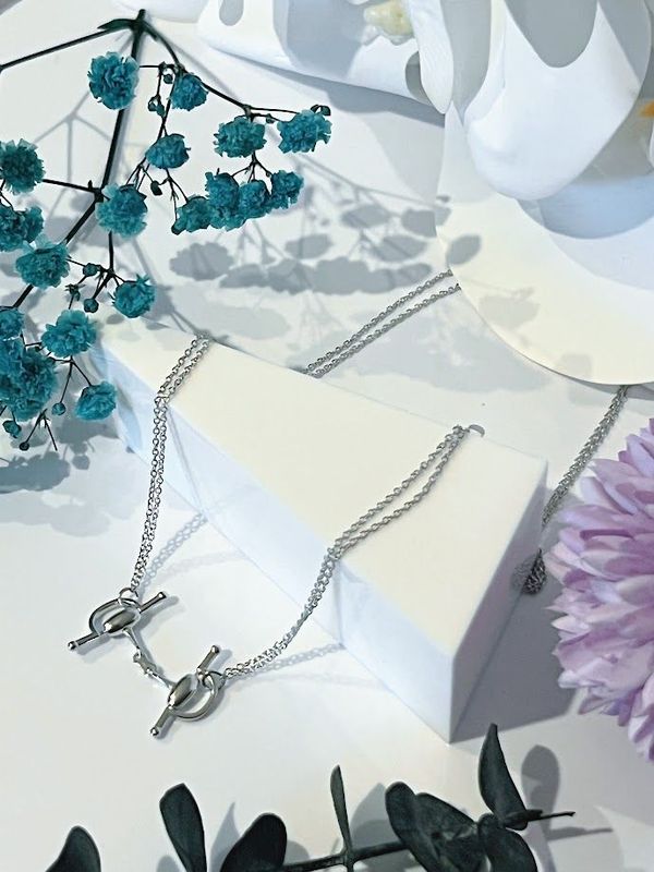 Sterling Silver French Link Snaffle Necklace With Double Chain