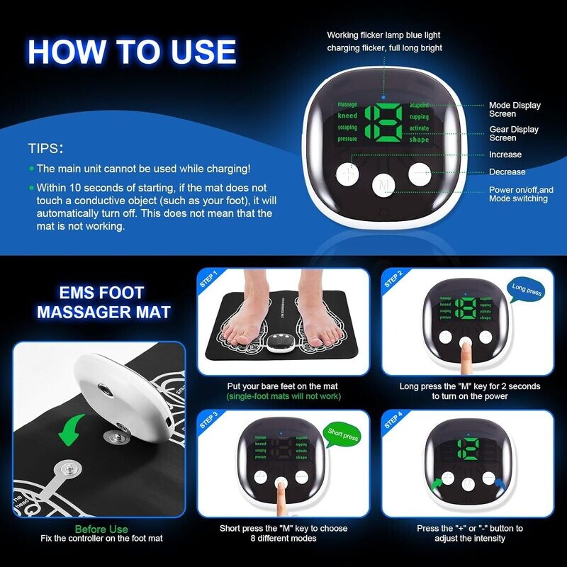 EMS Foot Massager Mat -Foot Massager Pad for Pain Plantar Relief, Muscle Relaxation, Foldable Legs &amp; Feet Massager Pad with 8 Modes, 19 Levels