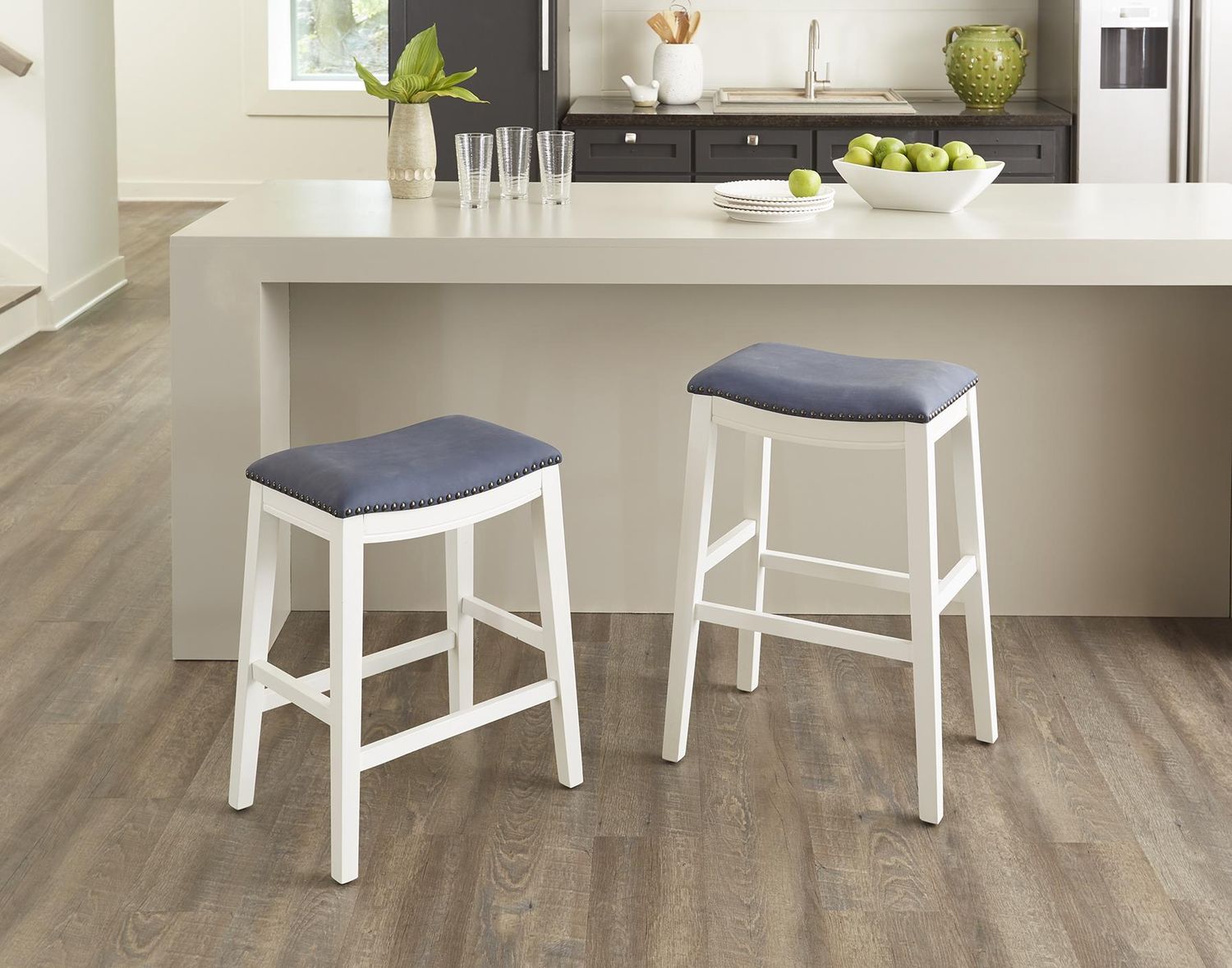 White Barstool w/ Navy Seat CLEARANCE, Size: 24"