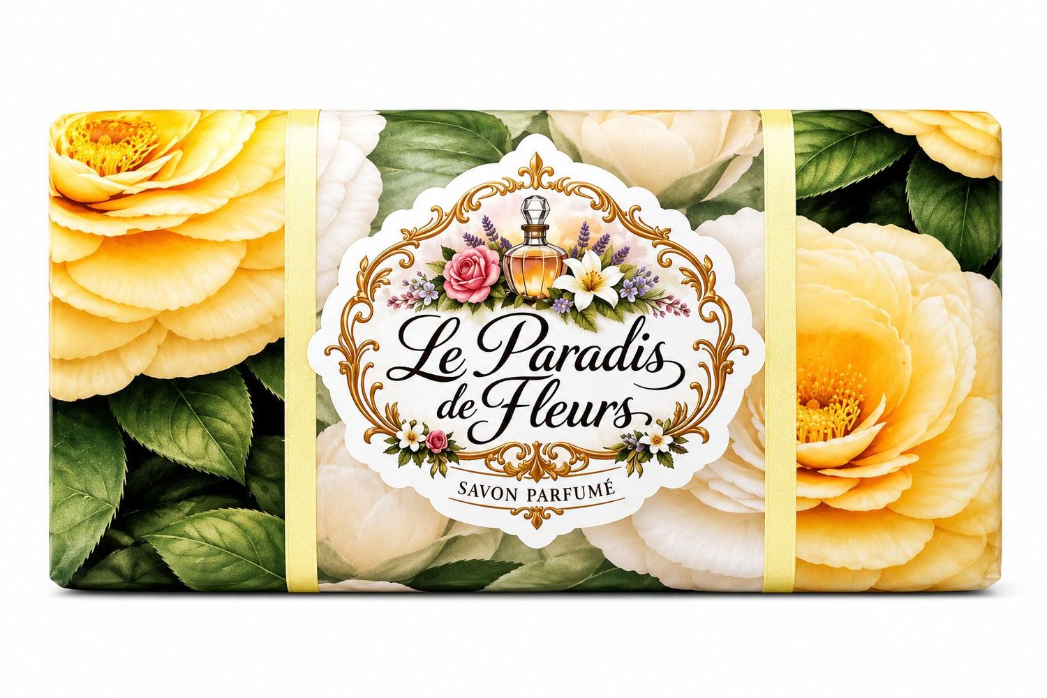 Парфюмерное мыло Le Paradis de Fleurs Camelia Imperiale 250 г. с пенной сеточкой для мытья тела