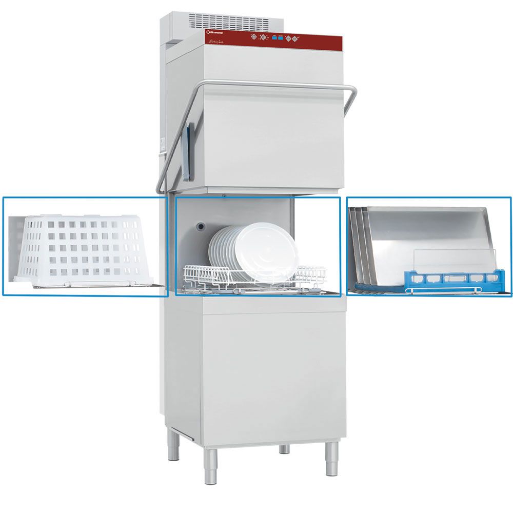 Vaat- &amp; pottenwasser met kap, mand 600x500 mm + waterverzachter in continu + damp condensor-recuperator